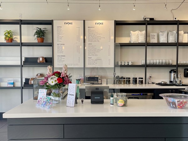 Café Evoke's oredring counter and menu 