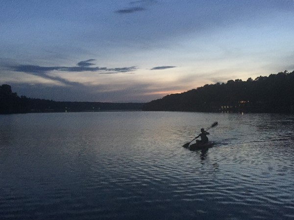 Kayaking Grand Lake at sunset 