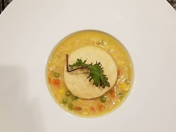 Deconstructed pot pie soup from Broadmoor Bistro. Dining experience not to be missed