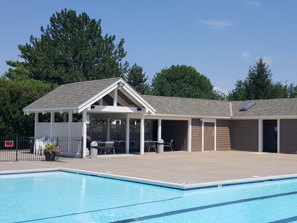 Pool cabana and grilling area with restrooms