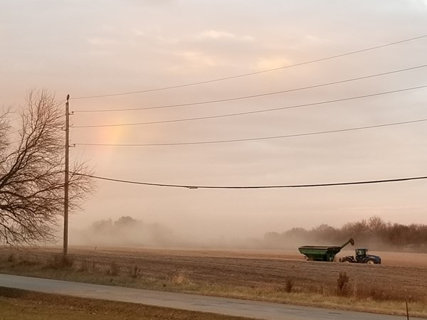 A rainbow during the harvest, just outside of Ward Park Place, in Raymore