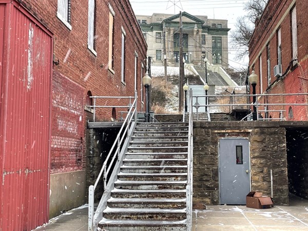 Long staircase up to the Osage County Courthouse from downtown Pawhuska 