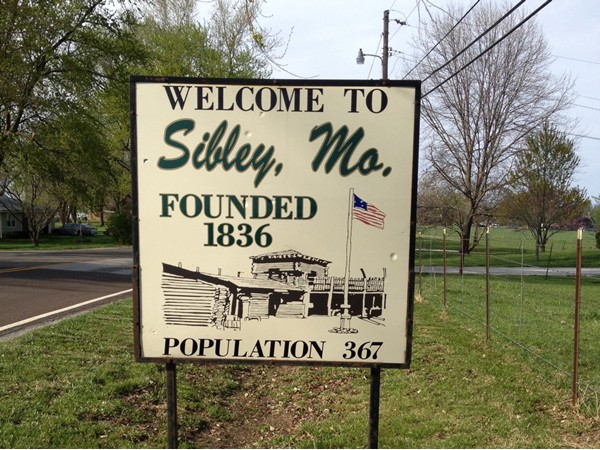 Welcome sign at Sibley, MO 