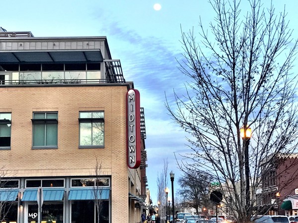 Scenic Midtown Bentonville with a full moon shining