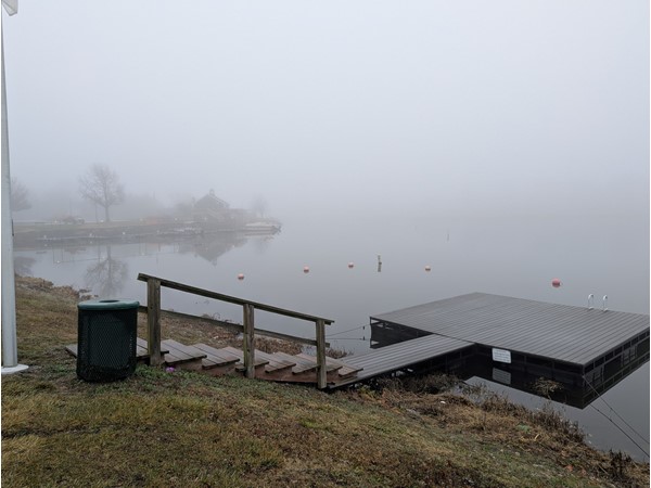 Swim dock on a foggy winter morning