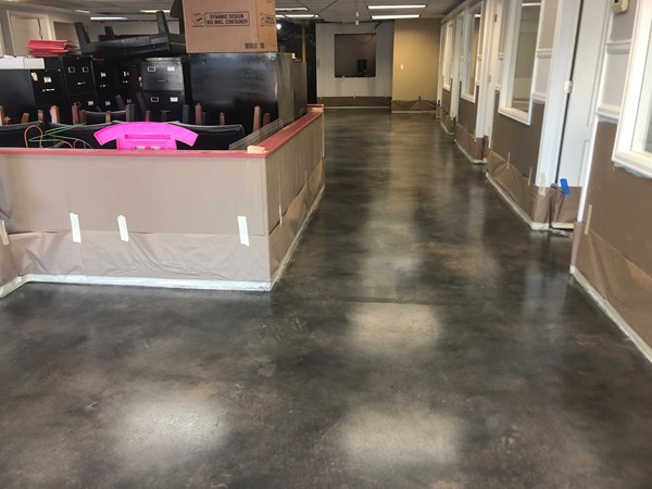 The new stained concrete floor is finished at our office