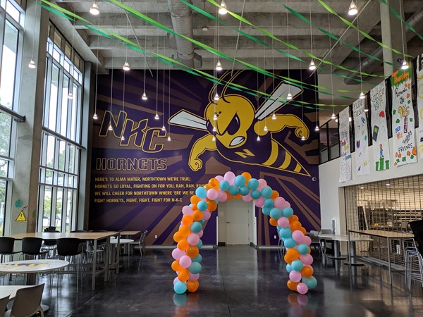 Cafeteria decorated for Homecoming at North Kansas City High School