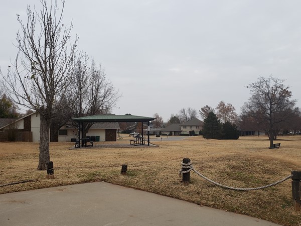 Ski Island Park with pavilion, picnic tables, and park bench