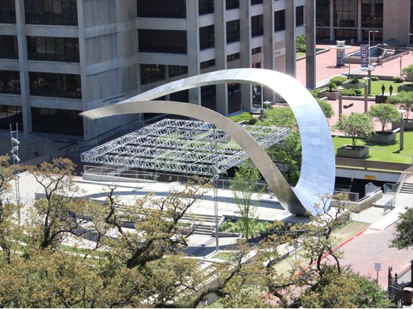 New cantilevered sculpture above the Galvez Plaza stage in downtown Baton Rouge
