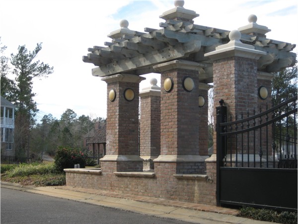 The architecture at the gated entrance to Waterford Subdivision in Hattiesburg is very unique