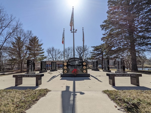 The Veterans Memorial in Hoyt Elliot Memorial Park overlooking the river 