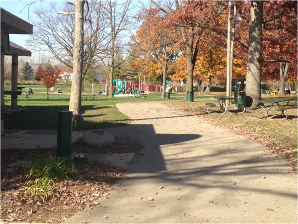 Paved trails and play equipment at Valhulla Park