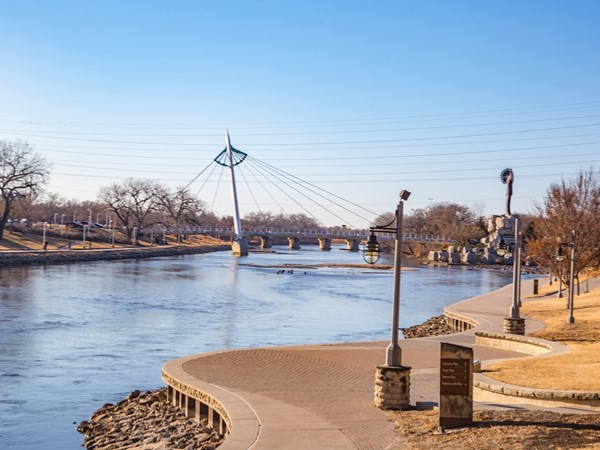 Foot Bridge and Keeper of the Plains on the Arkansas River, Wichita