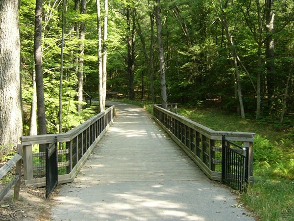 Wooden bridge on the bike path leading to the White Lake Community Library.