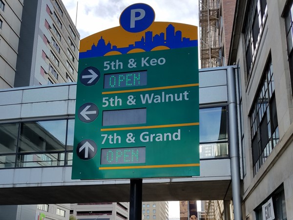 Parking direction signage in Downtown Des Moines 
