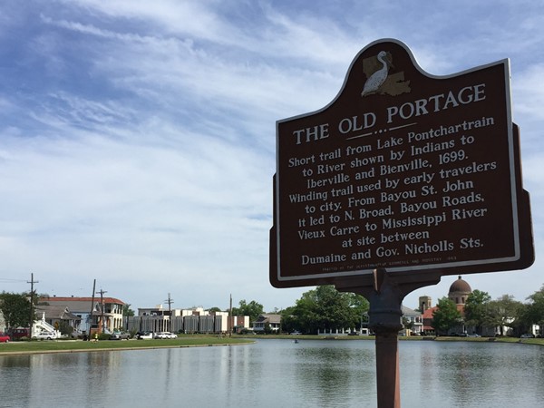 Marker on Bayou St. John shows shortcut where goods were carried overland to the city  