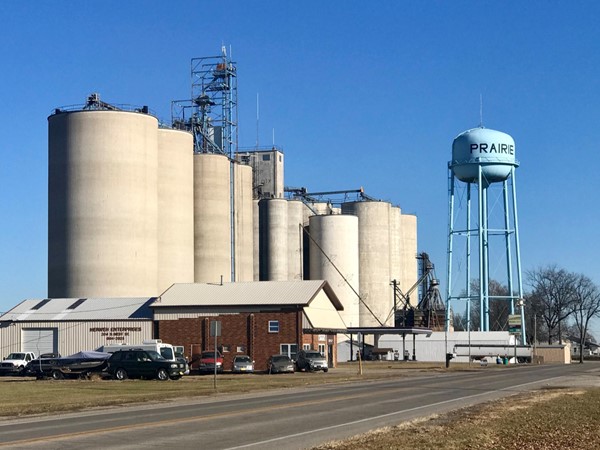 The Prairie City water tower and Heartland Co-op on the west part of town 