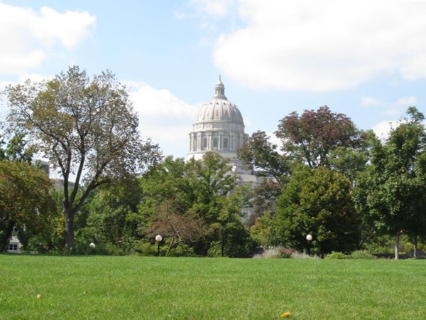 View of Capitol Building dome over Governor's Mansion lawn