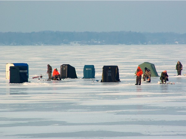 Community on ice!  Ice fishing is a popular activity on White Lake.