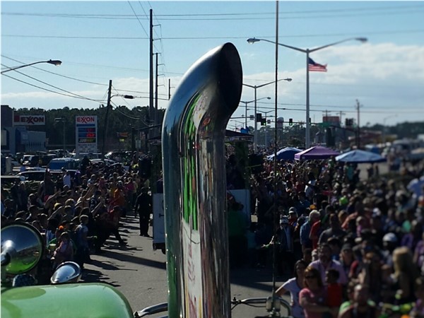 View from a Mardi Gras float at the Neried's Parade - Waveland's one parade is family friendly