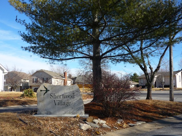 The sign at the entrance to the Sherwood Village Subdivision in Blue Springs, Missouri