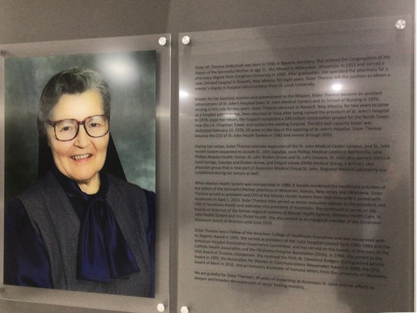 Sister M. Therese Gottschalk’s photo and memorial plaque at St. John Medical Center