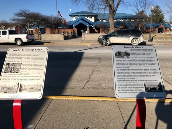 Historical markers show where the old high school and library used to be