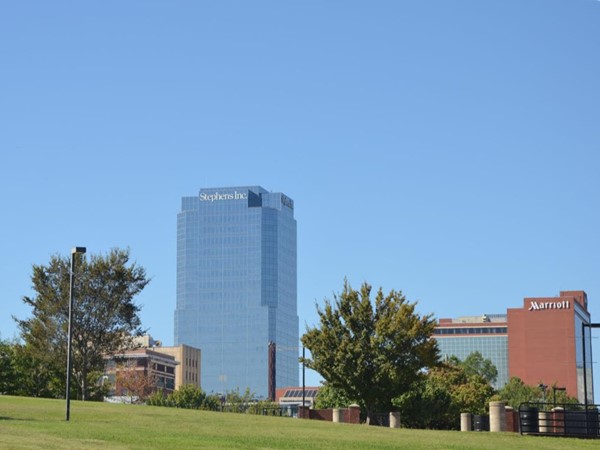 View of the Stephens building and the Marriott hotel from the Riverfront Pavillion