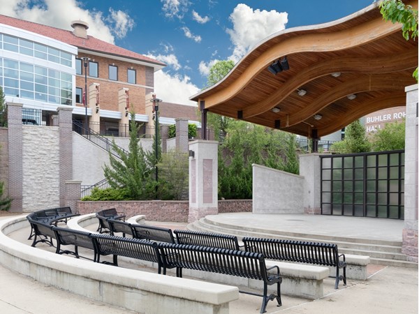 Hilker Campus Mall has many outdoor gathering spaces including, Buhler Outdoor Performance Center