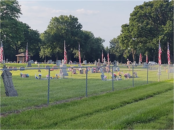 Sacred Heart Cemetery, Memorial Day 2023, Knights of Columbus put up 24 USA flags for the day
