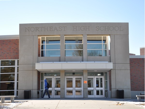 Front entrance to newly remolded Lincoln Northeast High School