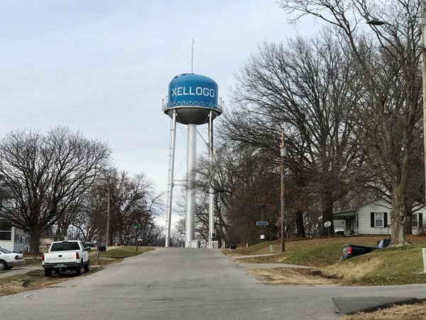 The Kellogg water tower sits high overlooking the town, I like the blue color on top the hill