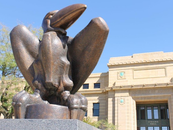 Jayhawk sculpture in front of Stong Hall at KU