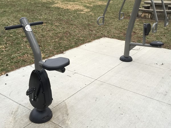 A variety of workout machines located throughout Migliazzo Park