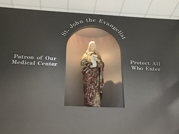 Statue of St. John the Evangelist in the main lobby of Ascension St. John Medical Center 