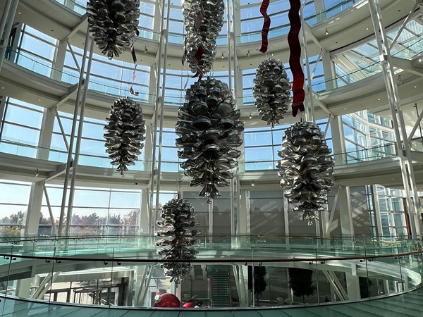 Christmas pine cone installation in the Devon Tower