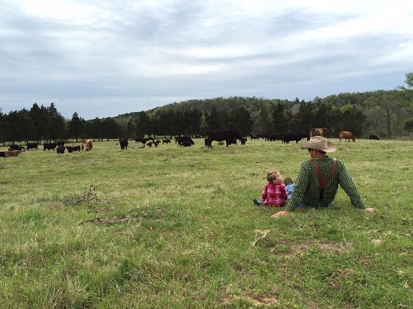Cattle farmer and daughter watching the grazing of beef cattle