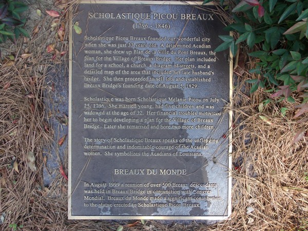 Plaque honoring Scholastique Picou Breaux, founder of Breaux Bridge 1796-1846