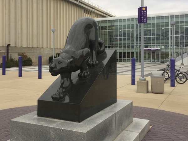 A ferocious predictor protects the entrance to the University of Northern Iowa ticket office 