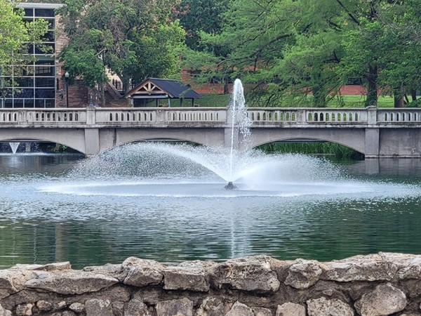 This serene fountain in front of the bridge can be found on ESU campus 