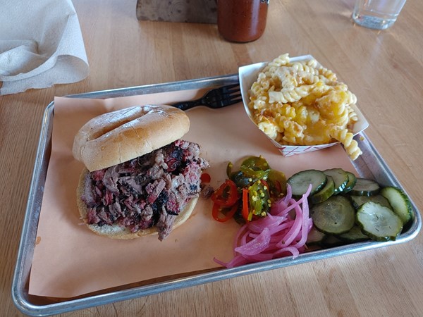 Chopped Brisket Sandwich with Mac & Cheese from Edge Craft BBQ