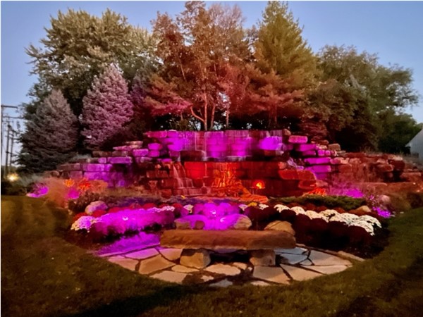 The waterfall at the front entrance of Thousand Oaks is all lit up for fall