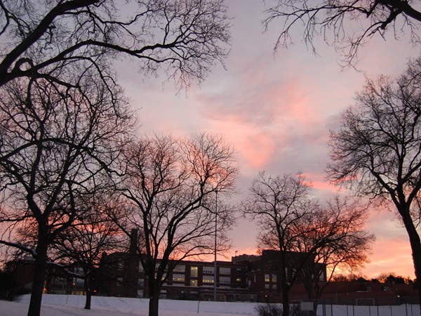 Just before sunrise over Irving Middle School, Irving Park. 