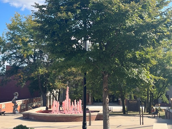 Fountains are Chiefs red all over the Kansas City Metro even on the Liberty Square