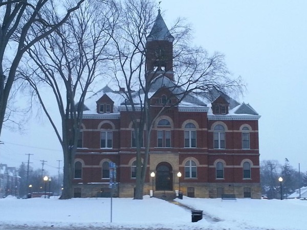 Original court house in downtown Howell on a beautiful snowy evening