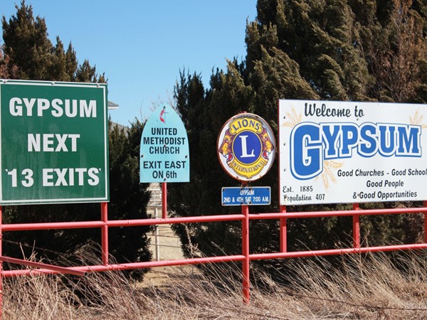Great welcome sign along Hwy 4 entering Gypsum,Kansas