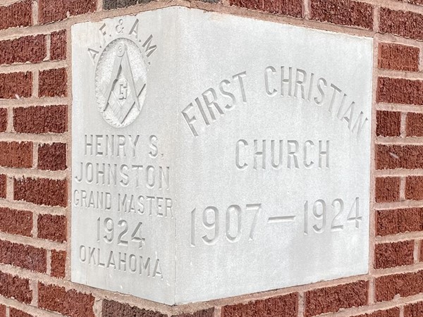First Christian Church, cornerstone, in downtown Pawhuska 