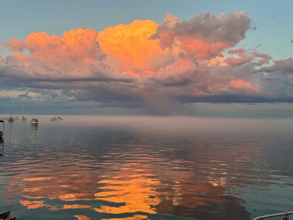 The mix of clouds and fog and sunset over Lake Superior 