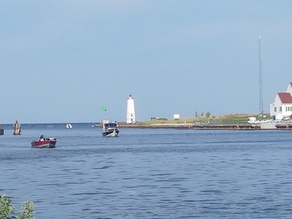 View of lighthouse and Betsie Bay from Elberta's Waterfront Park
