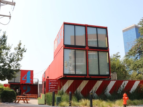 Stacked shipping containers make a cool little shopping area 